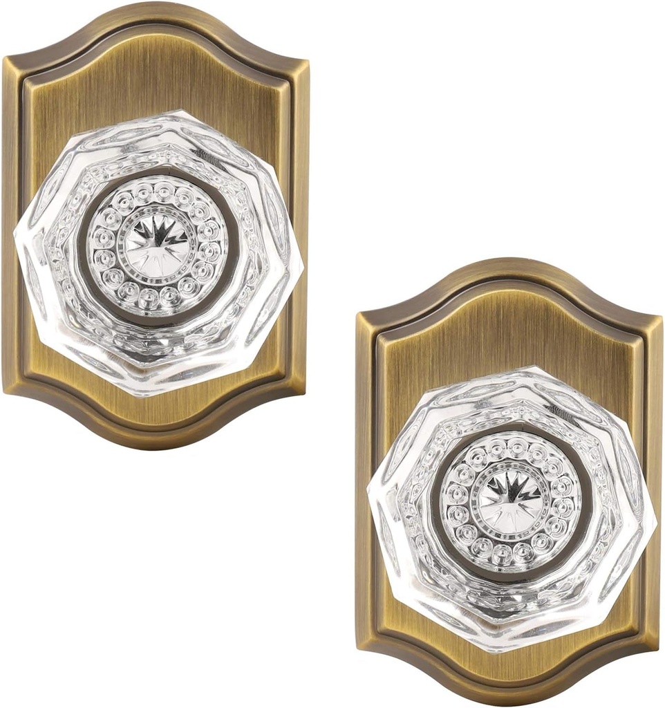 Gobrico 2 Pack Clear Crystal Dummy Knobs with Antique Brass Rosette,Single Side Dummy Handles for Left/Right Handed Door,Non-Locking Function Doorknobs,Heavy Duty