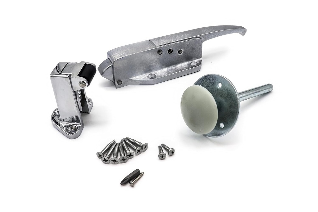 The Kason 0058 Brushed Chrome Radial Latch KIT with 0059 Roller Strike, 3/4" to 1 5/8" Offset, 0481 4" inside Release and Hardware KIT