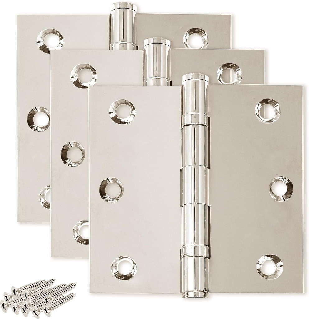 Solid Brass Door Hinge Heavy Duty Ball Bearing Shiny Silver 3.5 X 3.5 Inch - Set of 3 Hinges (Polished Nickel)