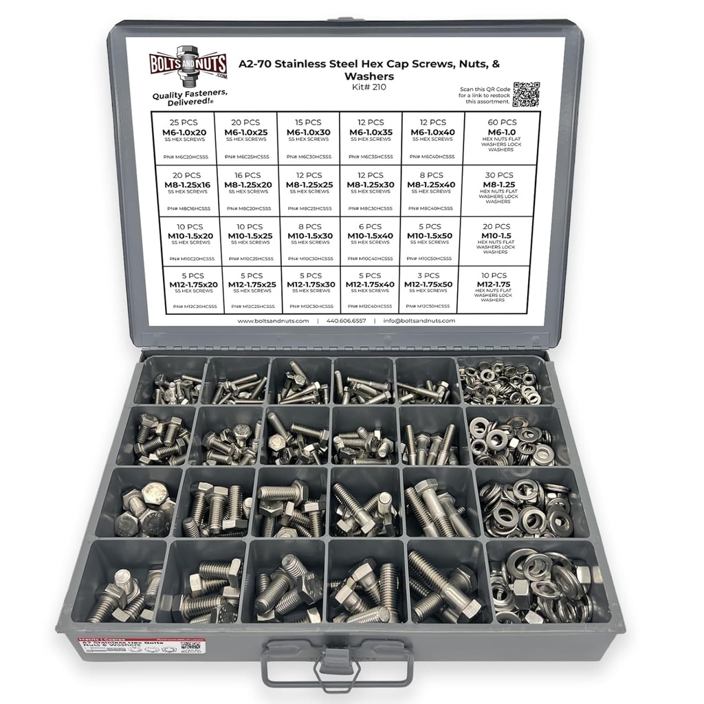 A2-70 Stainless Steel Metric Hex Cap Screws Bolts, Nuts, & Washers Assortment Kit - 575 Pieces!
