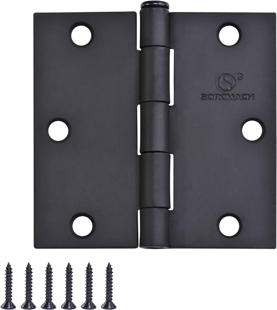 Door Hinge 3 1/2 Inch Interior Door Hinges Matte Black 3.5 Inch Interior Hinges Flat Iron Hinge 3 ½"X 3 ½" Door Hardware Square Corner -18 Pieces