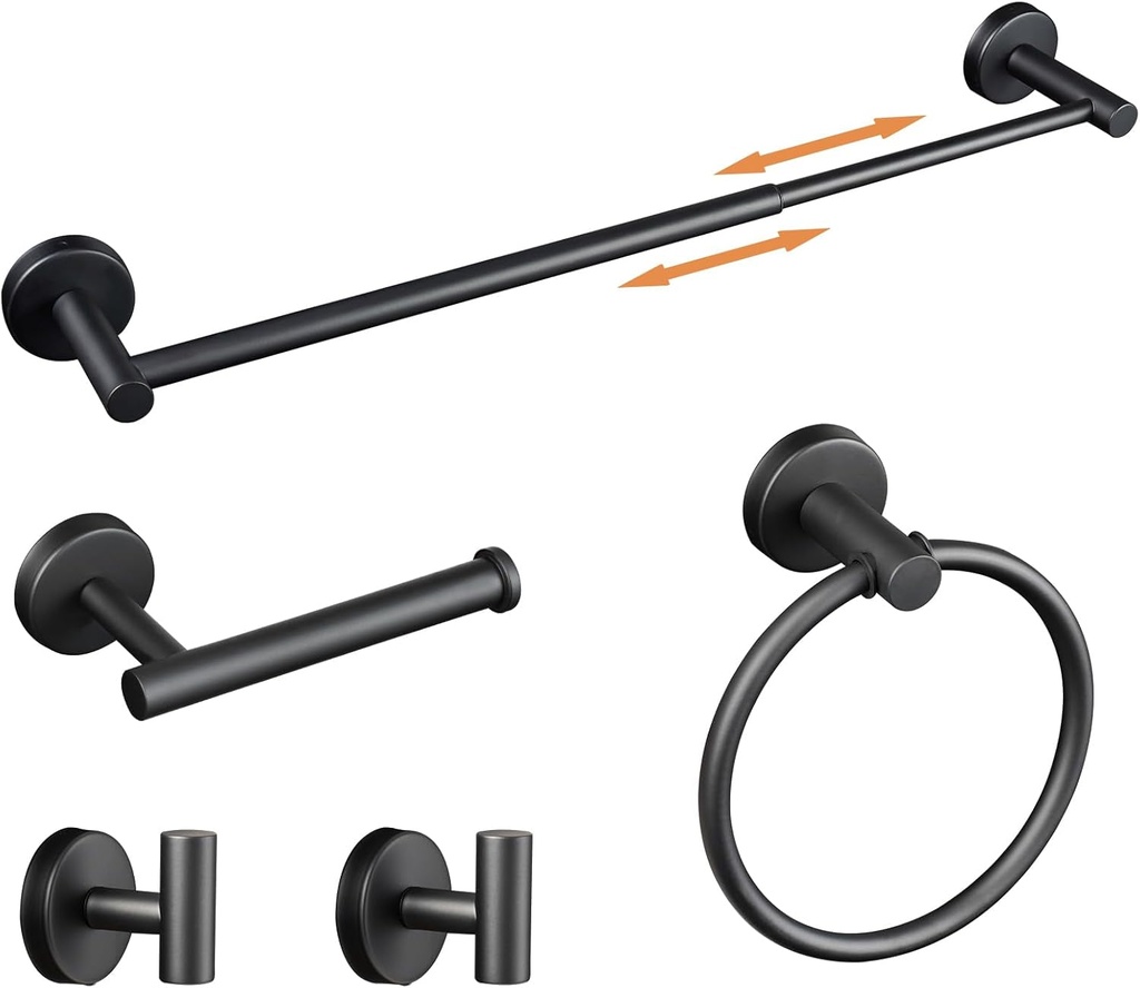 Black Bathroom Hardware Set with Adjustable Towel Bar 13.5 Inch to 24 Inch, 5 Pieces Bathroom Accessories Includes 1Pc Towel Bar, 1Pc Towel Ring, 1Pc Toilet Paper Holder and 2 Robe Hooks