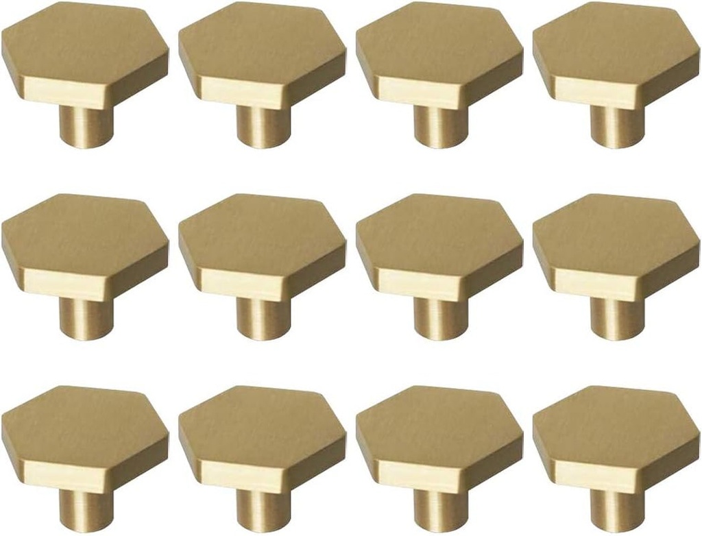 RZDEAL 1-1/10" Solid Brass Knobs Shoe Cabinets Knob and Pulls Brushed Gold Hexagon Handles for Dresser Drawer (12Pcs)