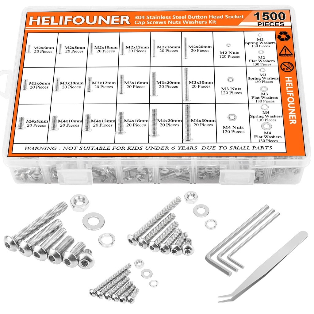 1500 Pieces M2 M3 M4, 304 Stainless Steel Button Head Socket Cap Metric Screws Bolts Washers Nuts Hardware Assortment Kit with Hex Wrenches