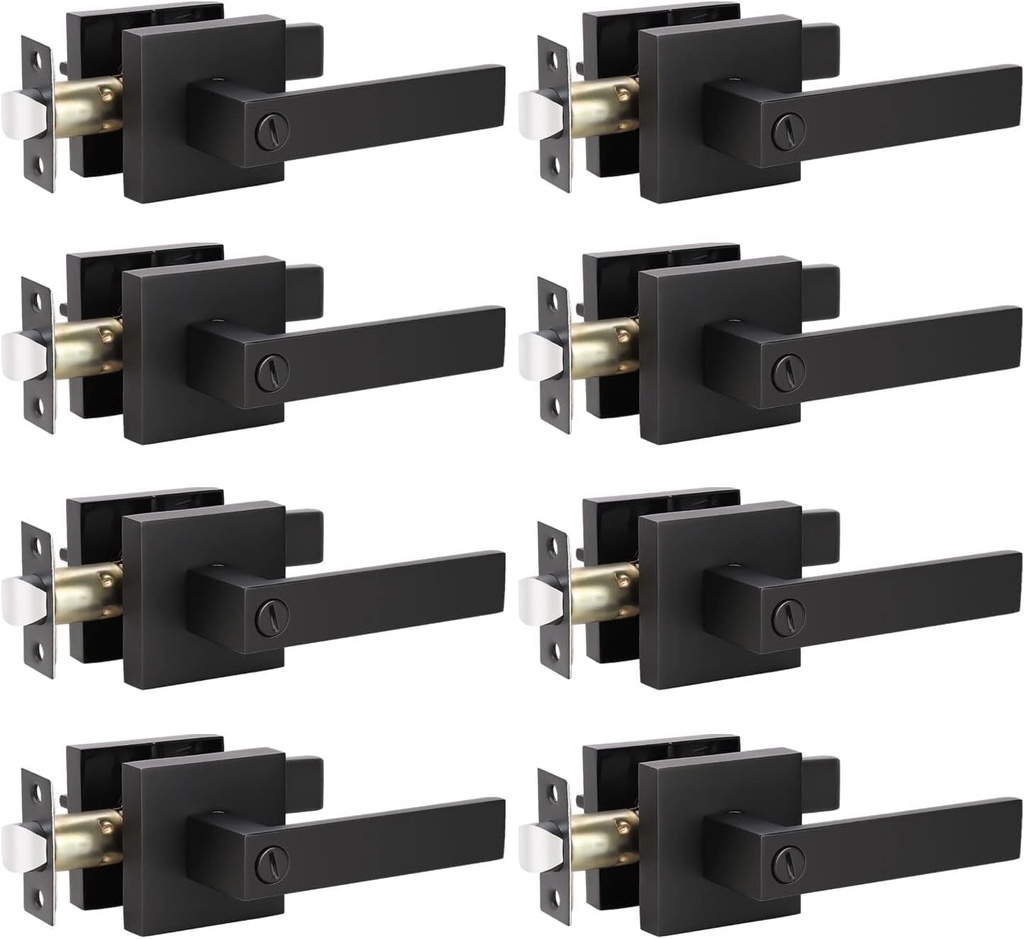 KNOBWELL 8 Pack Matte Black Interior Privacy Door Lever, Bedroom Door Knobs with Lock, Square Lever Door Handle, Heavy Duty Black Door Lever Handle