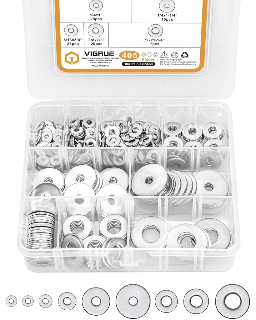 VIGRUE 405Pcs 304 Stainless Steel Flat Washers Set Washers Hardware Assortment -9 Sizes 1/2X1-1/4, 3/8X7/8, 5/16X3/4, 1/4X1-1/4, 1/4X1, 1/4X5/8, 10#X1/2, 8#X3/8, 6#X3/8