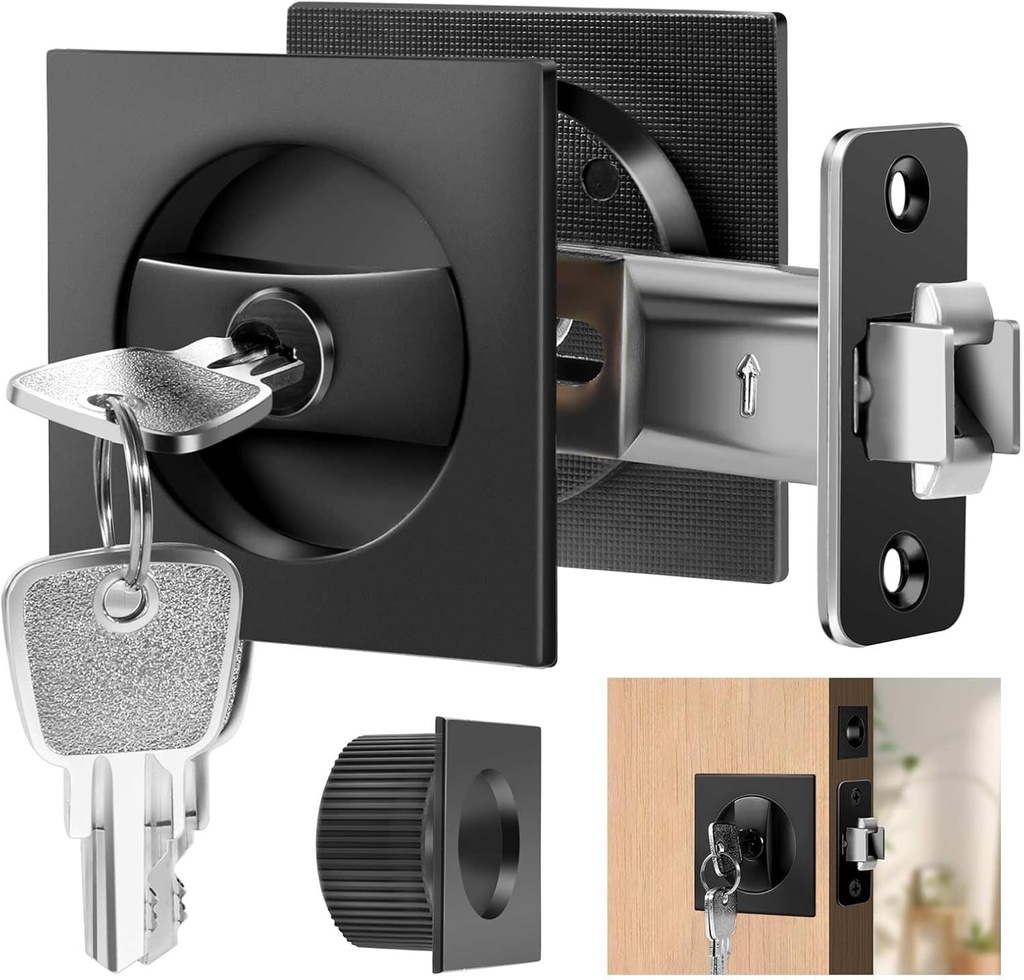 Pocket Door Lock, Pocket Door Lock with Key, Pocket Door Hardware, Sliding Pocket Door Lock, Barn Door Lock, Sliding Barn Door Lock, Square Pocket Door Lock (Black)