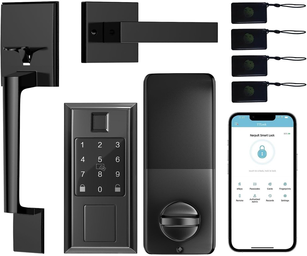 Smart Lock with Front Door Handle Set, Keyless Entry Door Lock Deadbolt Smart Locks for Front Door, Fingerprint Electronic Door Lock, via Bluetooth App/Wifi(Need Gateway) Control, Matte Black