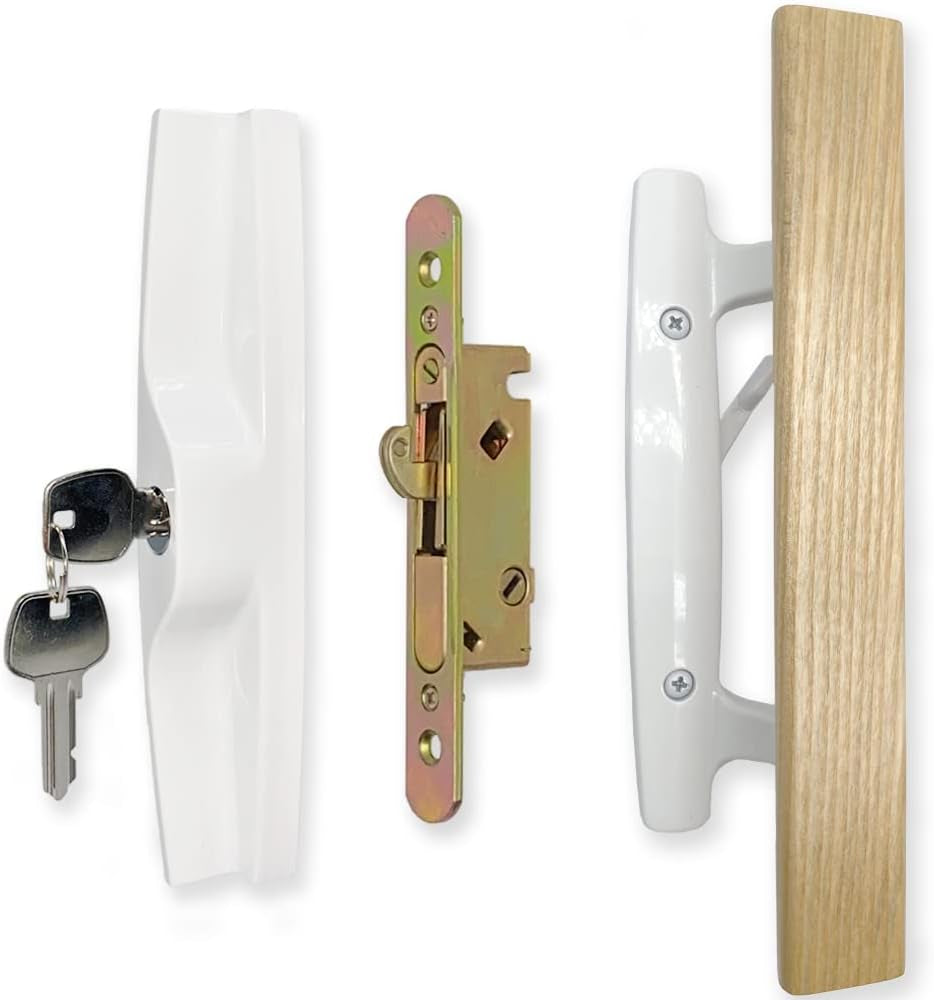 Sliding Patio Door Handle Set with Mortise Lock, Key Cylinder and Face Plate, Wood Handle Lock Set Fits Door Thickness from 1-1/2" to 1-3/4", 3-15/16" Screw Hole Spacing, White