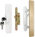 Sliding Patio Door Handle Set with Mortise Lock, Key Cylinder and Face Plate, Wood Handle Lock Set Fits Door Thickness from 1-1/2" to 1-3/4", 3-15/16" Screw Hole Spacing, White