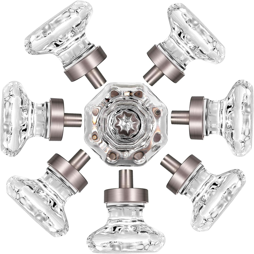 8 PCS Glass Crystal Dresser Cabinet Knobs Brushed Nickel, Octagon Knobs and Pulls for Dresser Drawers, Bathroom Kitchen Cabinet Drawer Knobs Set, LS-014
