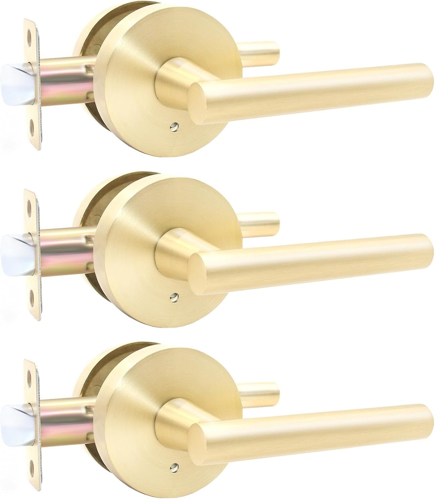 Gold Interior Privacy Door Handle with Lock, Door Lever for Bathroom and Bedroom, Reversible Keyless Push Button Lock Door Lever, Heavy Duty Design, Satin Brass (3 Pack)