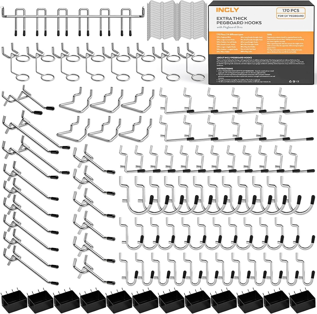 INCLY 170PCS 1/4 Inch Pegboard Hooks Kit, Extra Thick Heavy Duty Peg Board Organizer Accessories Assortment with Pegboard Bins & Peg Lock for Only 1/4" Pegboard Hanging Tools Garage Wall Attachment