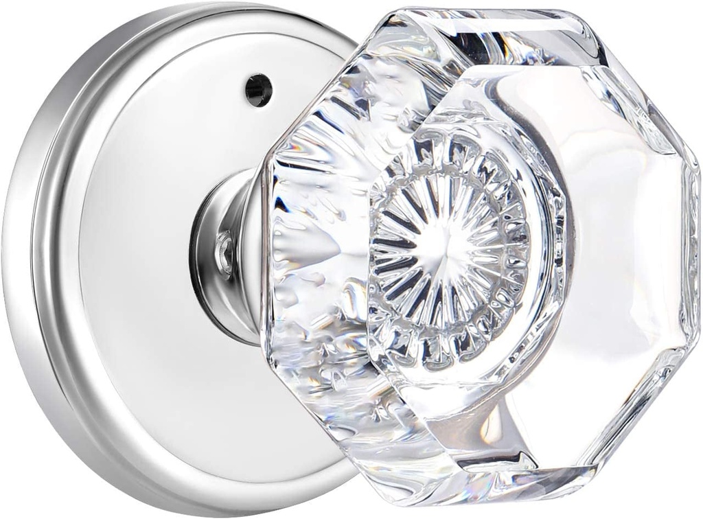 Privacy Crystal Glass Door Knobs Interior with Lock, Modern Octagon Door Knobs for Bedroom/Bathroom, Polished Chrome Finish