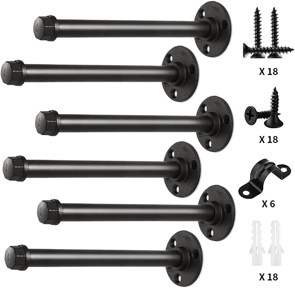 Pipe Shelf Brackets 12 Inch, Industrial Iron Pipe Floating Shelf Bracket Heavy Duty Metal Shelving Brackets for Shelves- 6 Pack Black (12 Inch-6 Pack)