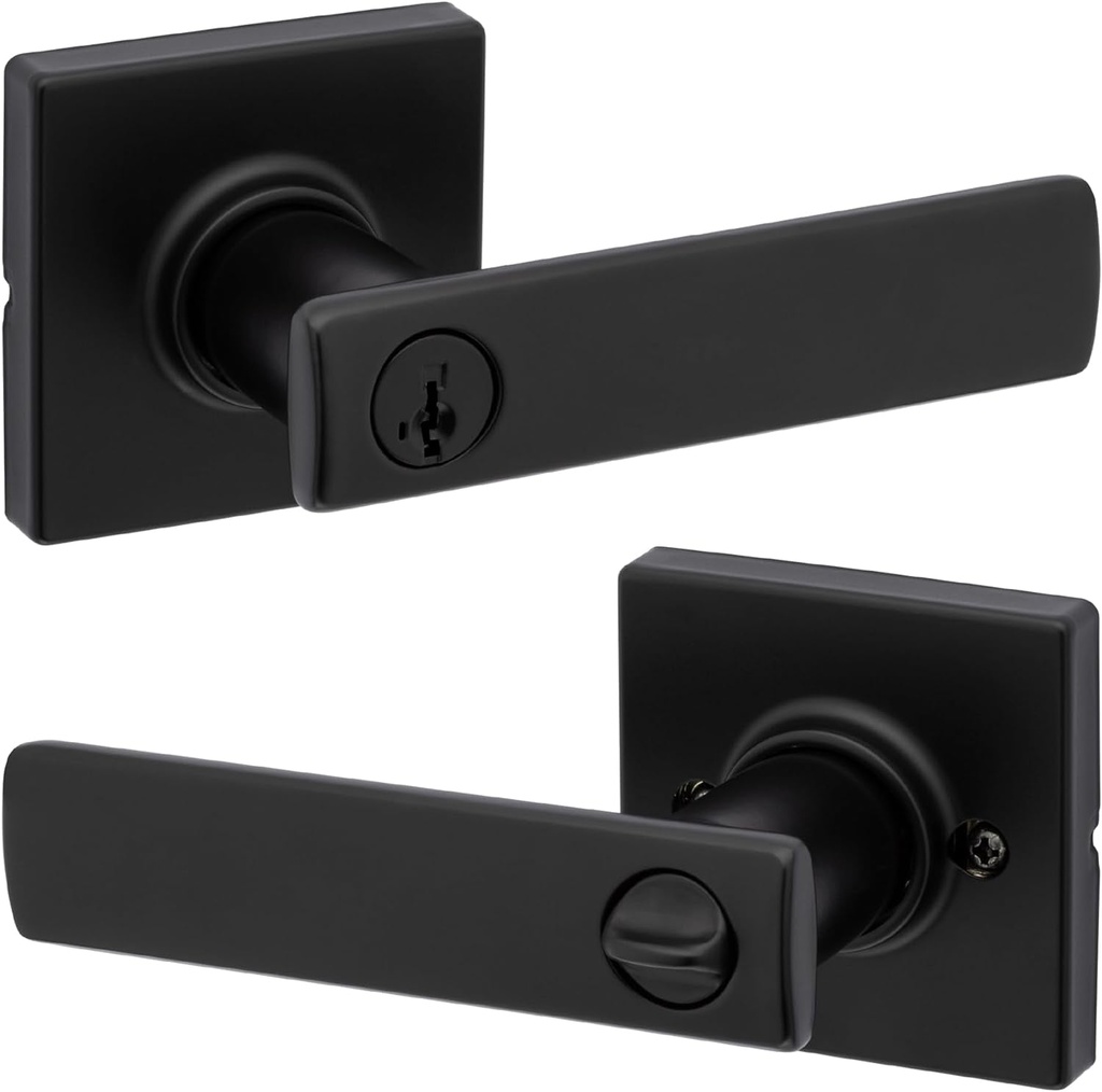 Kwikset Breton Entry Door Handle with Lock and Key, Secure Keyed Reversible Lever Exterior, for Front Entrance and Bedrooms, Matte Black , Pick Resistant Smartkey Rekey Security and Microban