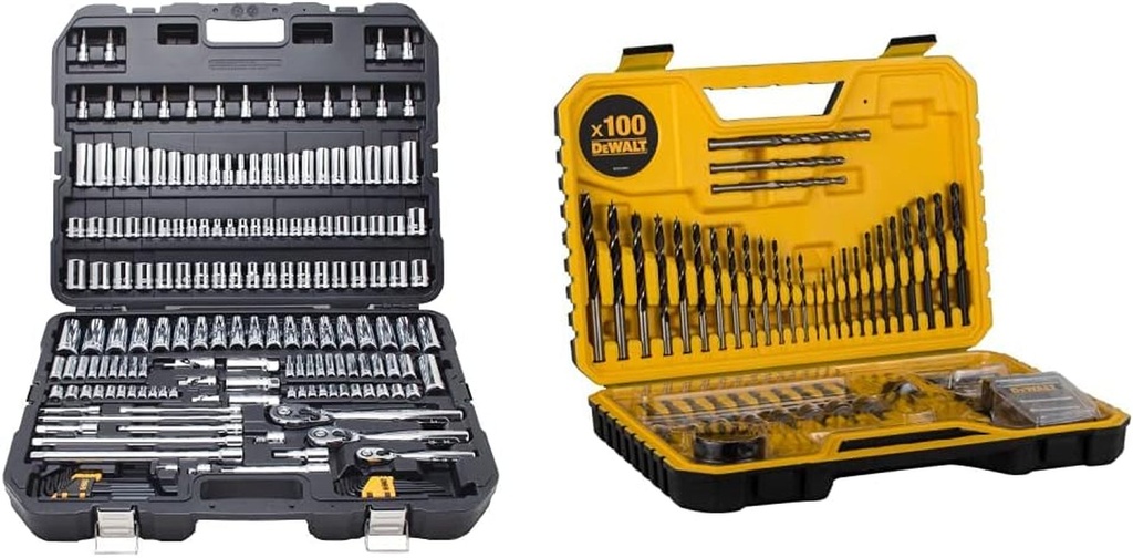 Mechanics Tool Set, SAE and Metric, 1/2, 1/4, 3/8 Drive Sizes, 192-Piece (DWMT75049) & COMBINATION DRILL BIT SET 100 PIECE SET DT71563-QZ, Black