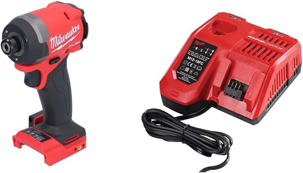 2953-20 18V Lithium-Ion Brushless Cordless 1/4'' Hex Impact Driver (Bare Tool), Red & M12-18FC M12-M18 Multi Fast Charger, 230 V, One Size