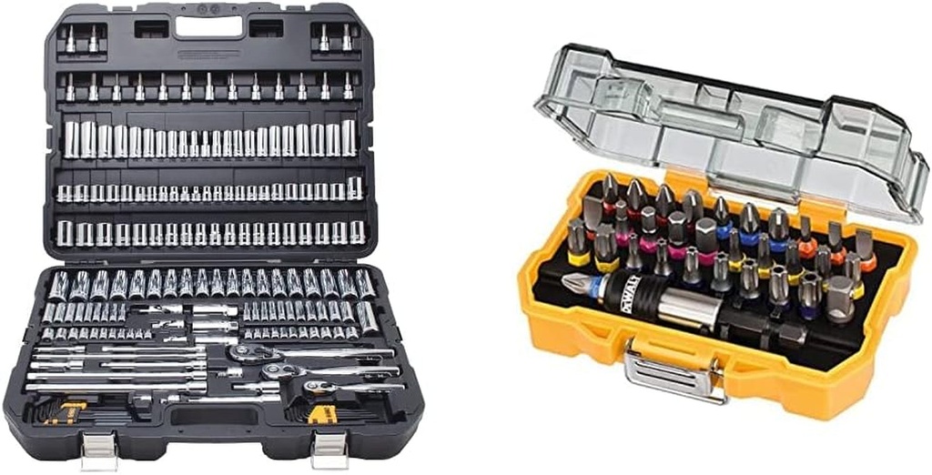 Mechanics Tool Set, SAE and Metric, 1/2, 1/4, 3/8 Drive Sizes, 192-Piece (DWMT75049) & DT7969-QZ, 32 Piece XR Professional Magnetic Screwdriver Bit Accessory Set, Yellow