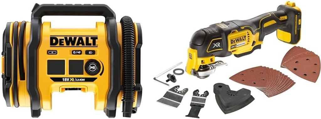 DCC018N-XJ Akku-Kompressor DCC 018 N 18 Volt Triple Source Inflator, Black/Yellow & DCS355N-XJ Oscillating Multi-Tool 18V Li-Ion Cordless Brushless Battery Powered, LARGE