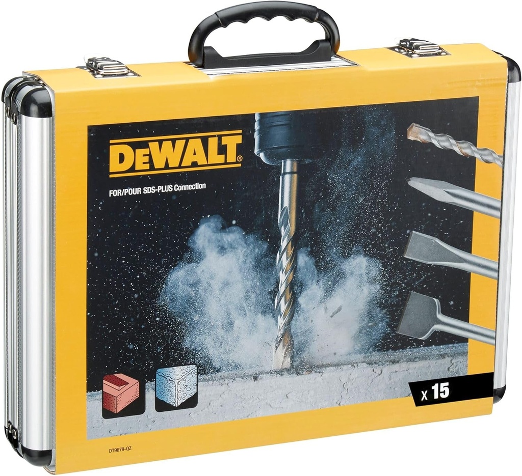 Chisel and Drill Set, 15 Pieces SDS Plus: 4 X Flat Chisels, 1 X Pointed Chisel, 10 X SDS plus High Performance Drill Bits, Including 1 X Aluminium Case, DT9679