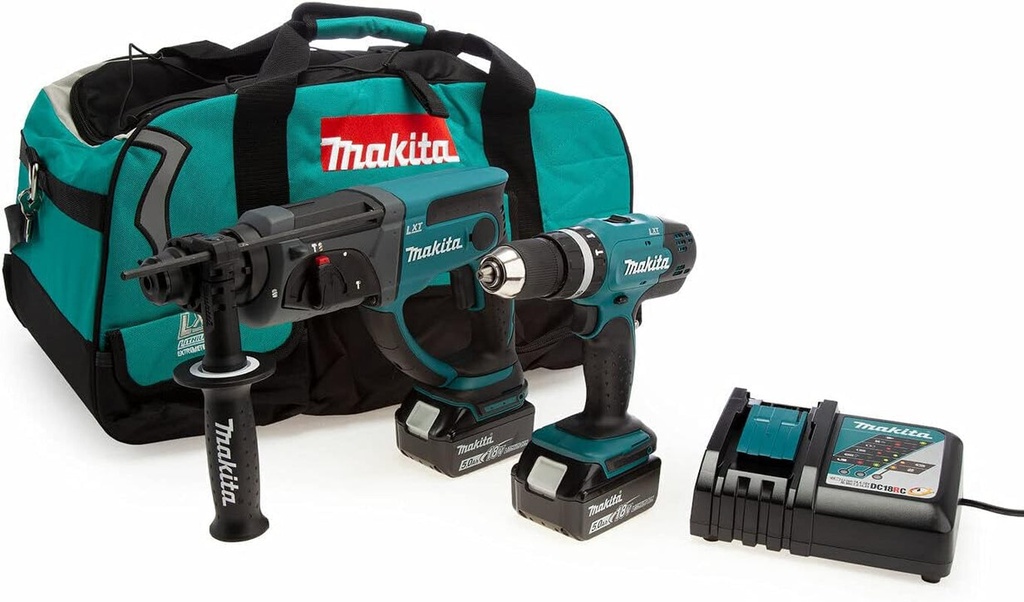 DLX2025T 18V Li-Ion LXT 2 Piece Kit Comprising DHR202Z and DHP453Z Complete with 2 X 5.0 Ah Batteries and Charger Supplied in a LXT Heavy Duty Tool Bag Blue/Black