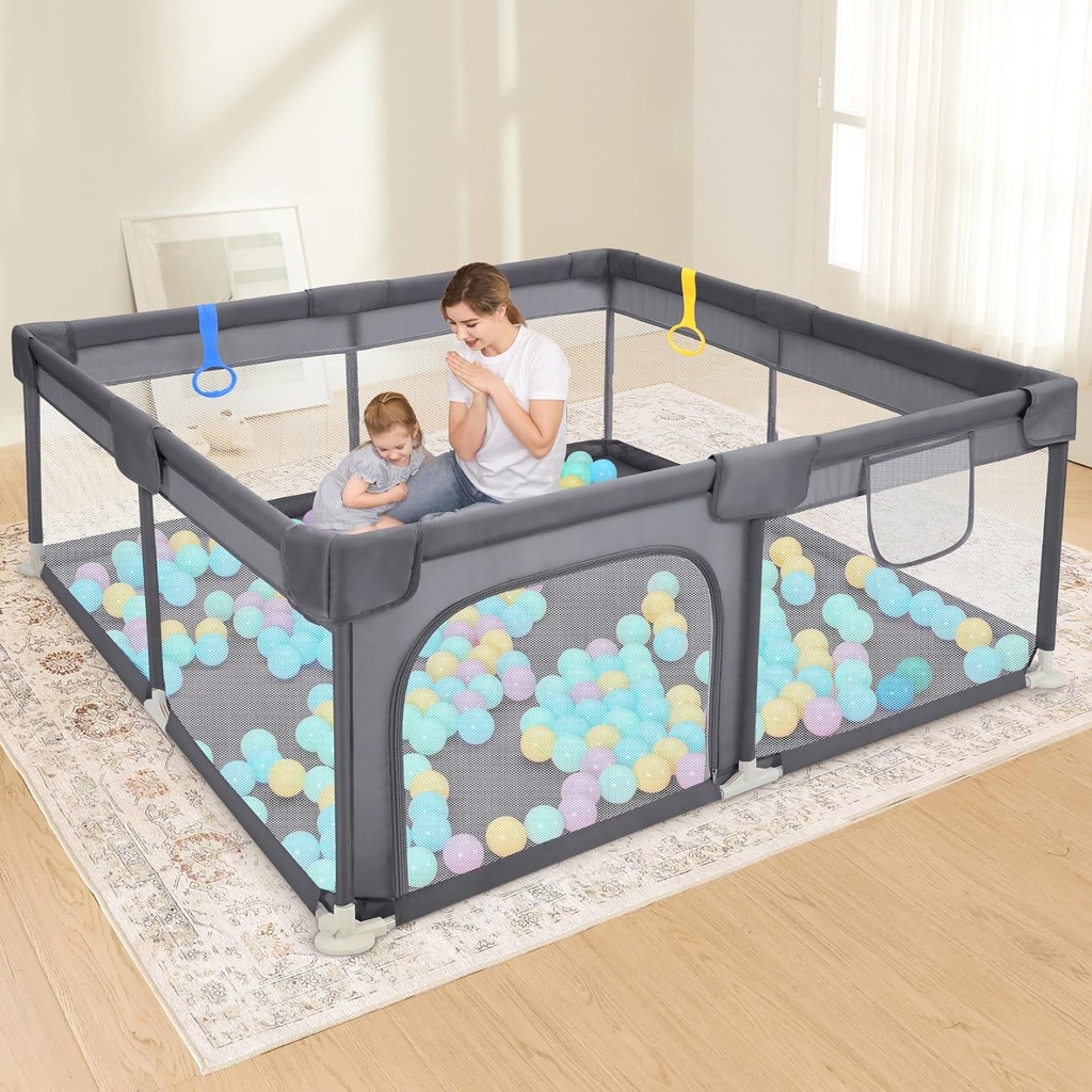 Dripex Baby Playpen, 52"×52" Play Pens for Babies and Toddlers, Safe Anti-Fall Play Yard with Gates, Baby Fence with Breathable Mesh, Indoor & Outdoor Kids Activity Center, Anchor Grey