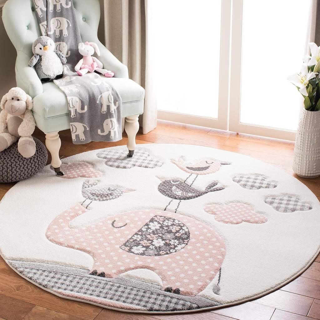 SAFAVIEH Carousel Kids Collection 8' round Pink/Ivory CRK127P Animal Non-Shedding Nursery Playroom Area Rug