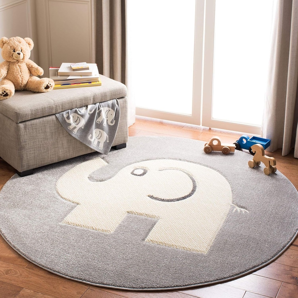 Safavieh Carousel Kids Collection 8' round Grey/Ivory CRK165B Elephant Non-Shedding Nursery Playroom Area Rug