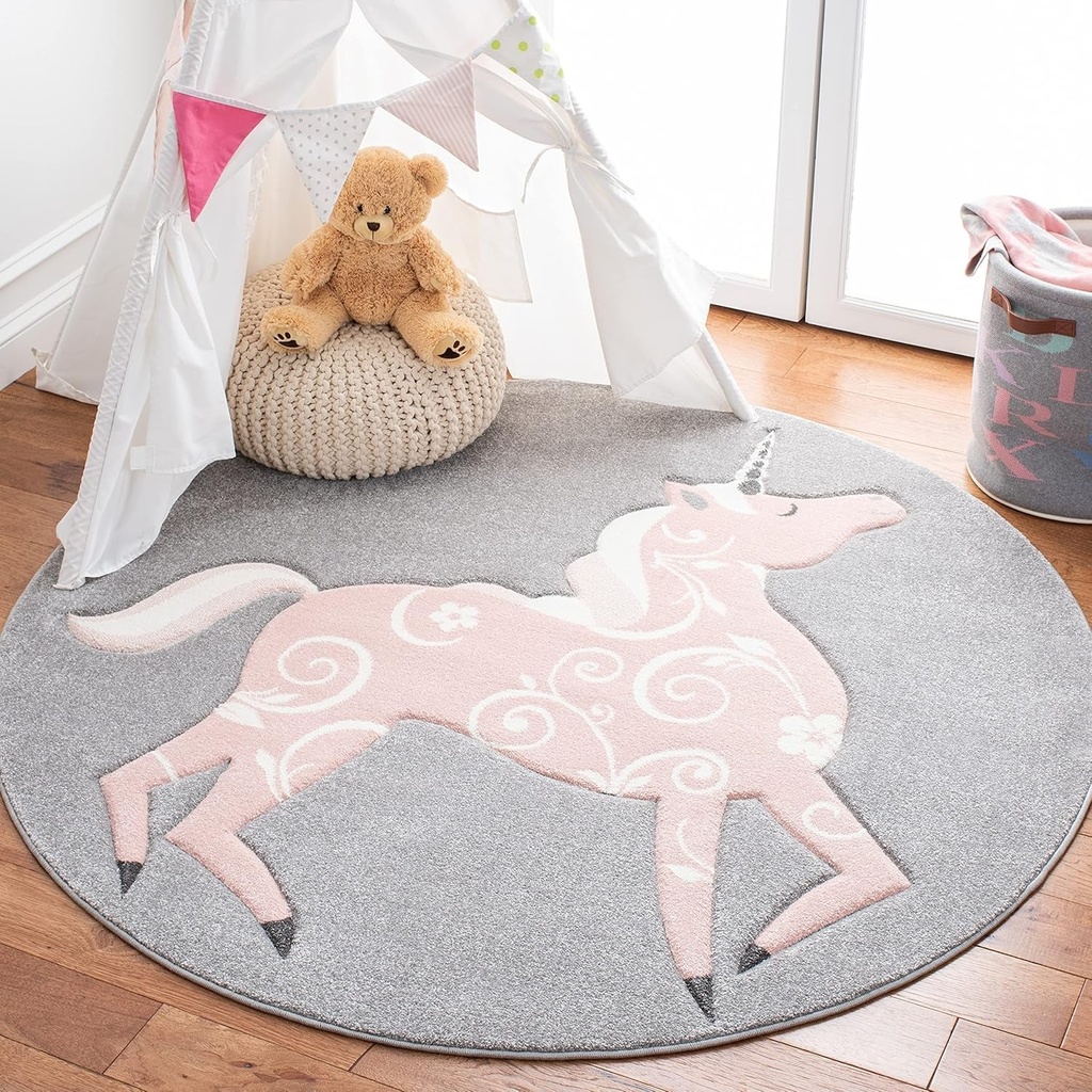 SAFAVIEH Carousel Kids Collection 6'7" round Grey/Pink CRK163F Unicorn Non-Shedding Playroom Nursery Bedroom Area Rug