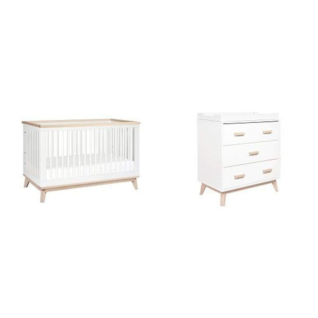 Babyletto Scoot 3-In-1 Convertible Crib, White/Washed Natural and 3-Drawer Changer Dresser, White/Washed Natural Finish