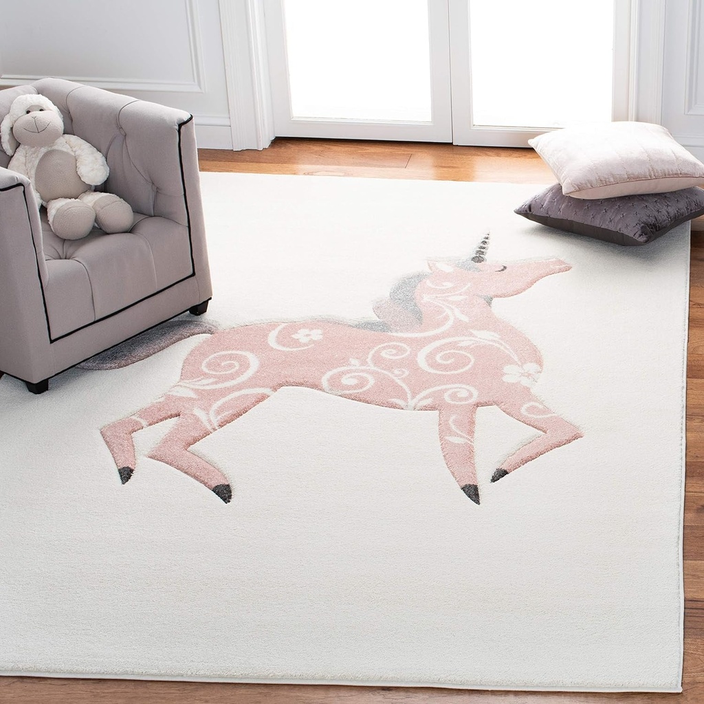 Safavieh Carousel Kids Collection 5'3" Square Ivory/Pink CRK163A Unicorn Non-Shedding Nursery Playroom Area Rug