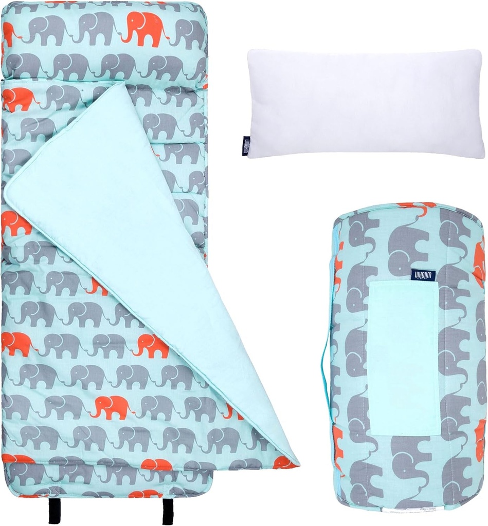 Wildkin Original Nap Mat with Reusable Pillow for Boys & Girls, Perfect for Elementary Daycare Sleepovers, Features Hook & Loop Fastener, Cotton Blend Materials Nap Mat for Kids (Elephants)