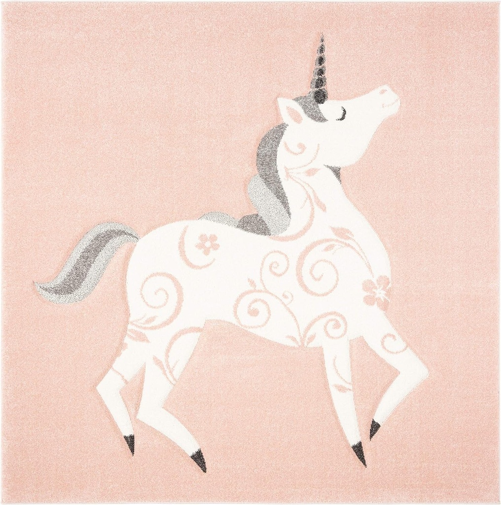 SAFAVIEH Carousel Kids Collection 8' Square Pink/Ivory CRK163P Unicorn Non-Shedding Nursery Playroom Area Rug