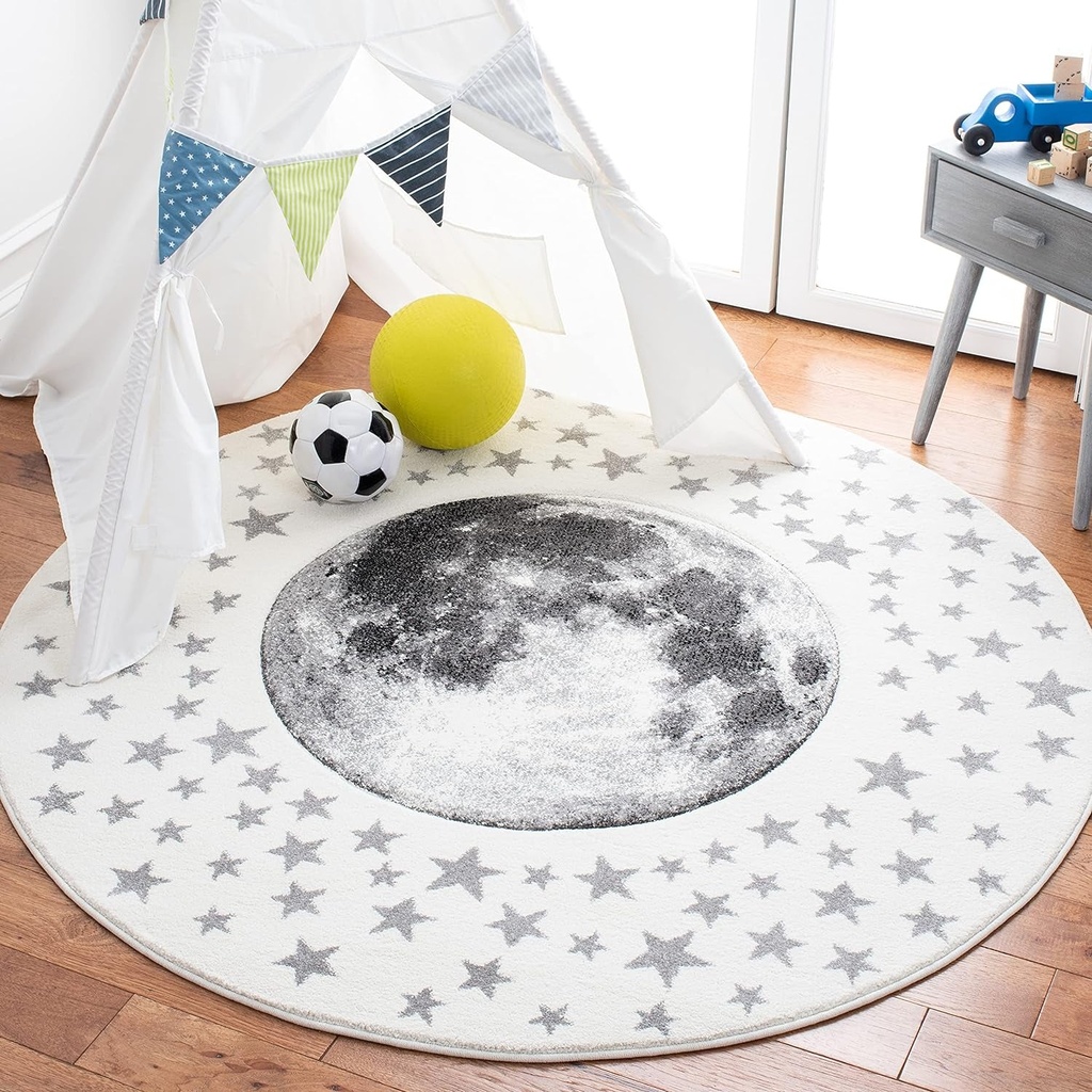 SAFAVIEH Carousel Kids Collection 5'3" round Ivory/Grey CRK135A Moon & Stars Non-Shedding Playroom Nursery Bedroom Area Rug