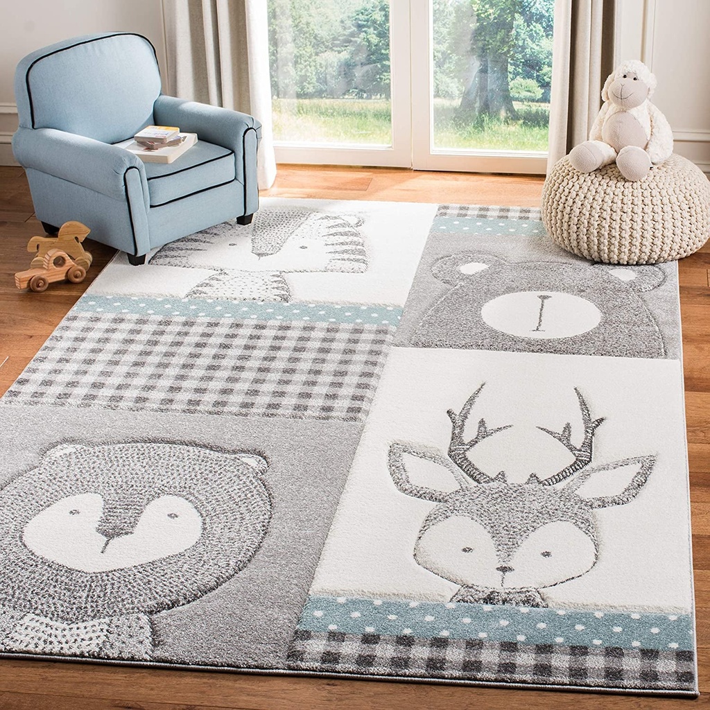 Safavieh Carousel Kids Collection 8' Square Grey/Ivory CRK188B Animal Non-Shedding Nursery Playroom Area Rug