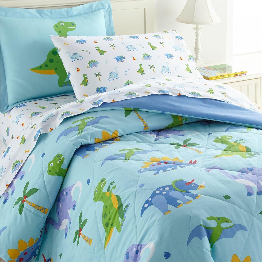 Wildkin 100% Cotton 7 Pc Full Bed-In-A-Bag for Boys & Girls, Bedding Set Includes Comforter, Flat Sheet, Fitted Sheet, Two Pillowcases and Shams, Bed Set for Cozy Cuddles (Dinosaur Land)