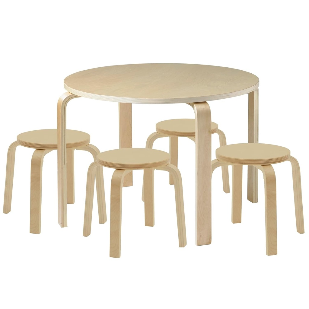 Ecr4Kids Bentwood round Table and Stool Set, Kids Furniture, Natural, 5-Piece