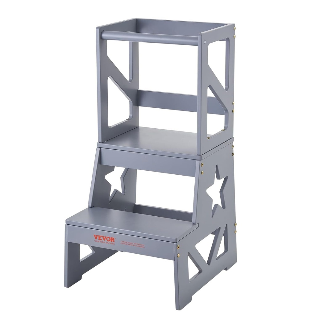 VEVOR Todder Tower, 150LBS Loading Capacity Children Step Stool, Natural Pine Wood Toddler Standing Tower with Safety Rail, Toddler Step Stool Helper for Bedroom Bathroom Kitchen Counter