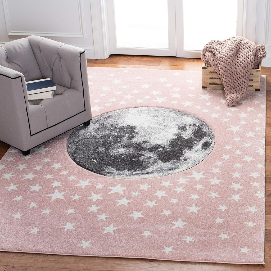 SAFAVIEH Carousel Kids Collection 6'7" Square Pink/Grey CRK135U Moon & Stars Non-Shedding Playroom Nursery Bedroom Area Rug