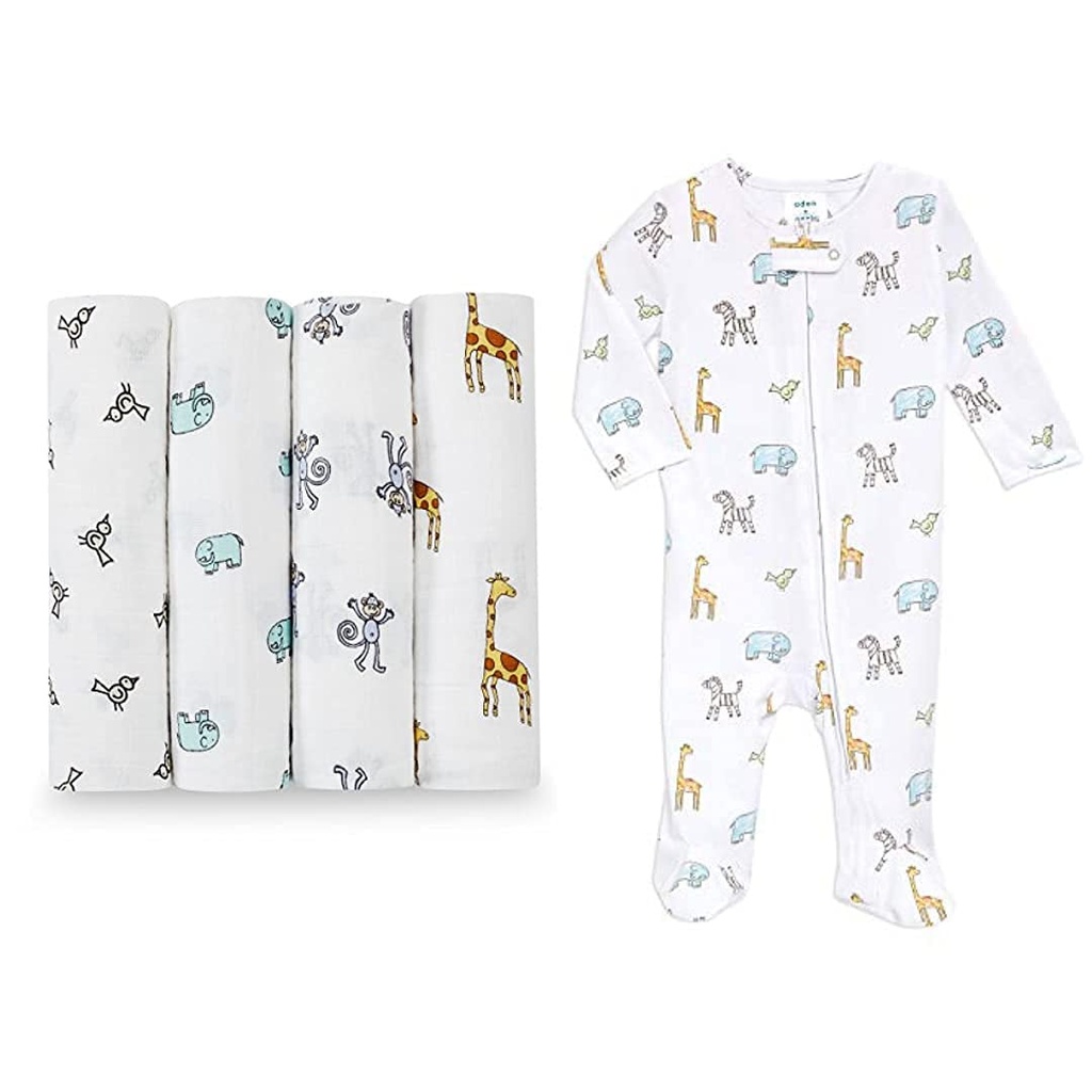Aden + Anais Jungle Jam Bundle - Swaddle Blanket, Boutique Muslin Blankets for Girls & Boys, Jungle Jam, 4 Pack - Baby Comfort Knit Fooite One-Piece for Babies, Jungle Jam, 0-3M