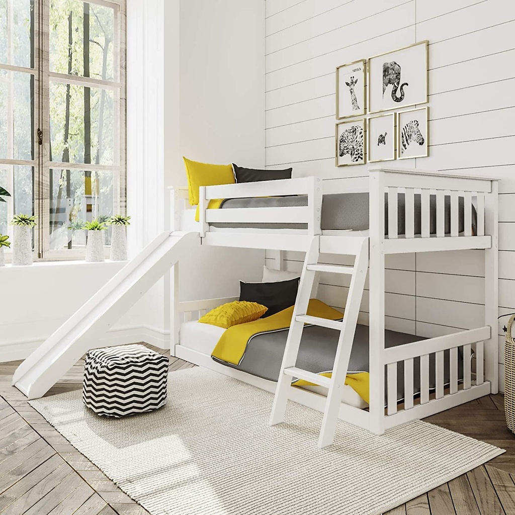 Max & Lily Twin over Twin Low Bunk with Slide and Ladder, Wooden Bunk Beds with 14” Safety Guardrail for Kids, Toddlers, Boys, Girls, Teens, Bedroom Furniture, White