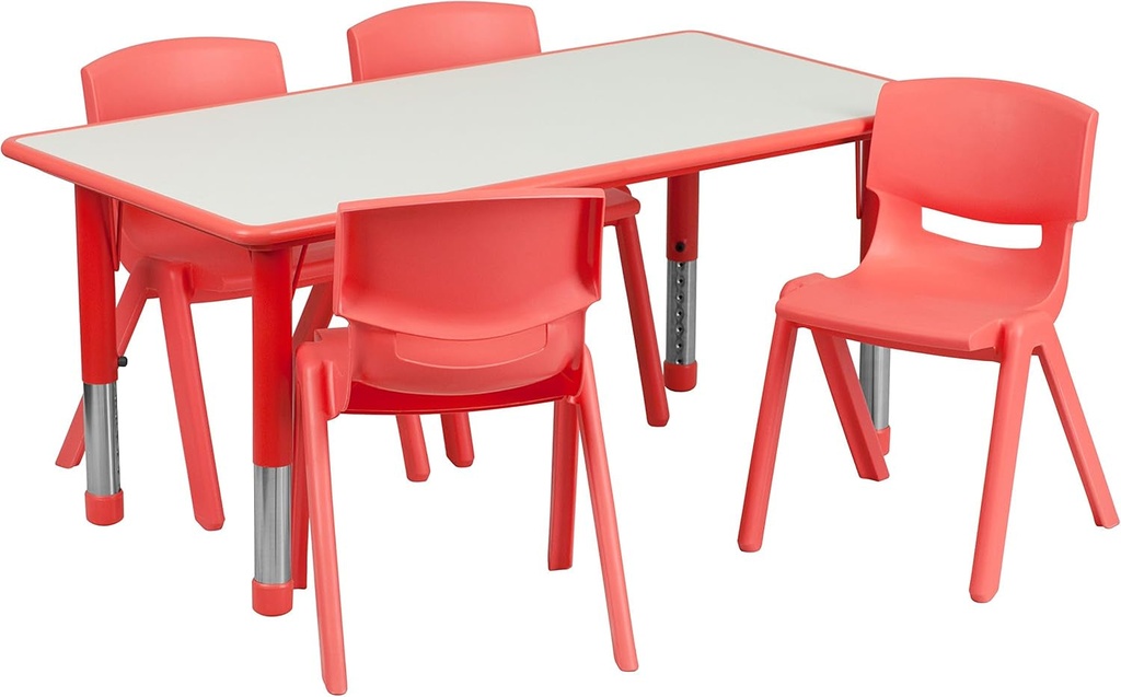 Flash Furniture Emmy Adjustable Classroom Activity Table W/ 4 Stack Chairs, Rectangular Plastic Activity Table for Kids, 23.625"W X 47.25"L, Red/Gray