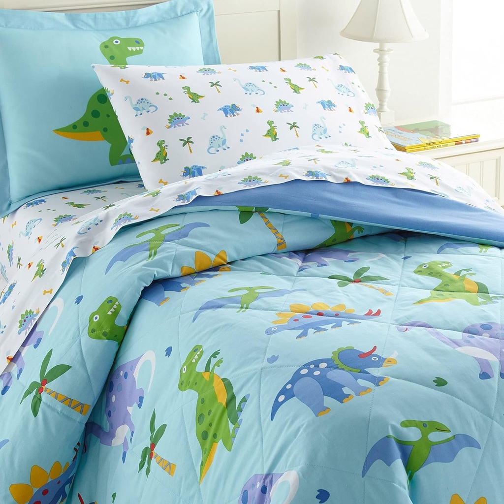Wildkin 100% Cotton 5 Piece Twin Bed-In-A-Bag for Boys and Girls, Bedding Set Includes Comforter, Flat Sheet, Fitted Sheet, Pillowcase & Sham, Bed Set for Cozy Cuddles (Dinosaur Land)