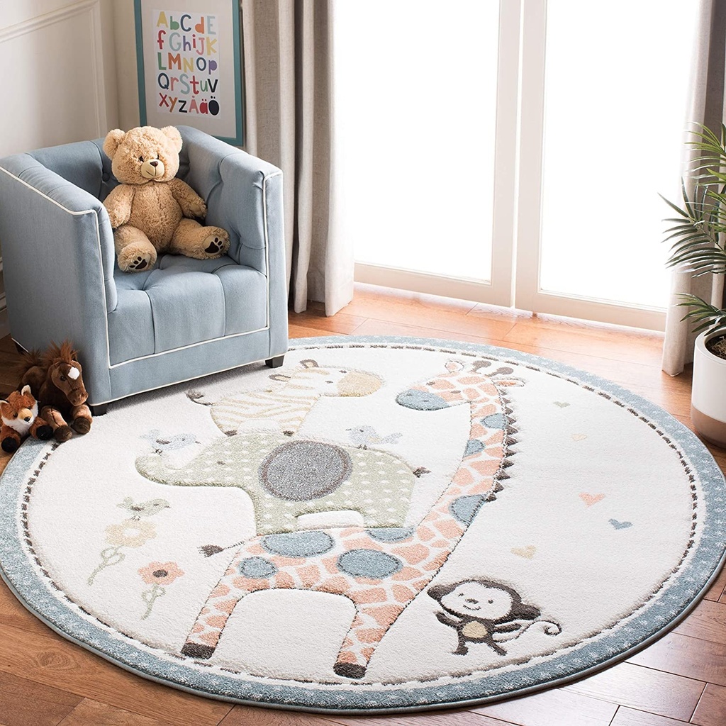 Safavieh Carousel Kids Collection 8' round Ivory CRK120A Animal Non-Shedding Nursery Playroom Area Rug