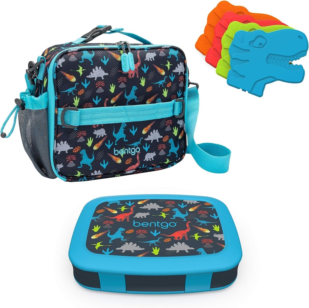 Bentgo Prints Insulated Lunch Bag Set with Kids Bento-Style Lunch Box and 4 Reusable Ice Packs (Dinosaur)