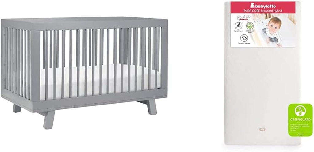 Babyletto Hudson 3-In-1 Convertible Crib with Toddler Bed Conversion Kit in Grey with Pure Core Crib Mattress Hybrid Quilted Waterproof Cover, Greenguard Gold Certified