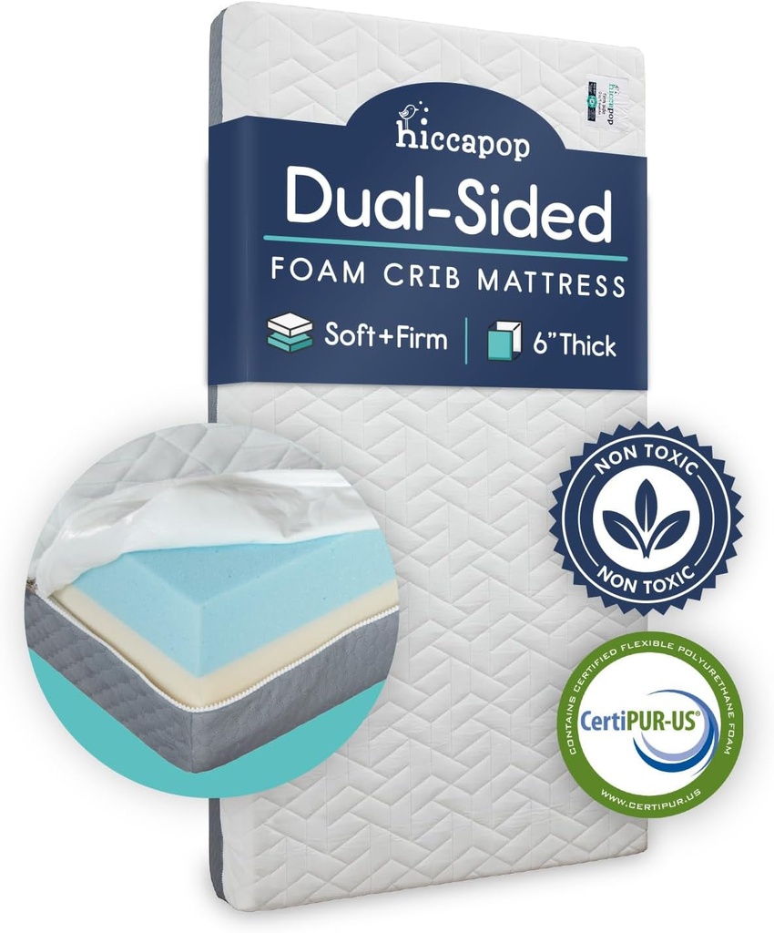 Hiccapop Baby Crib Mattress - Dual Sided W/Firm Side for Babies & Soft Memory Foam Side for Toddlers - Memory Foam Crib Mattress - Toddler Bed Mattress - Baby Mattress