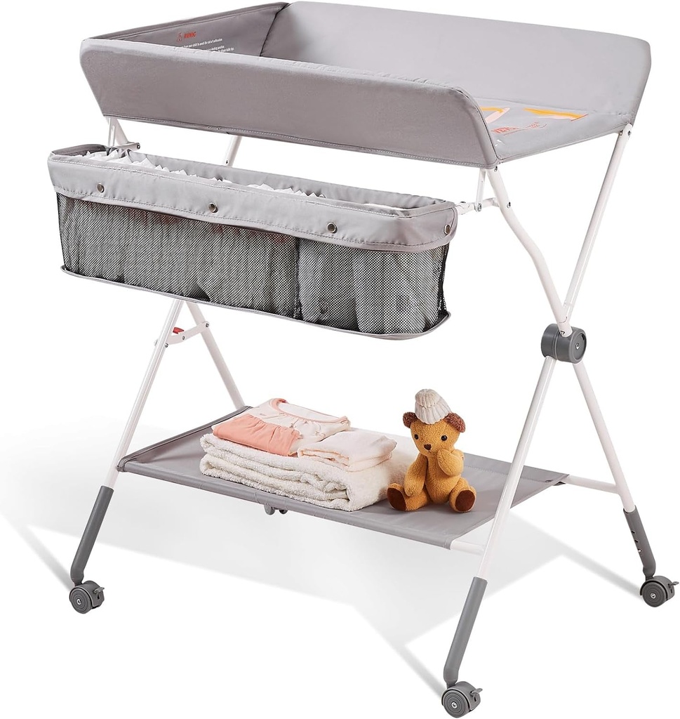 VEVOR Baby Changing Table, Folding Diaper Changing Station with Lockable Wheels, Portable Changing Table 3-Level Adjustable Heights, with Storage Basket & Hanging Racks for Newborns & Infant
