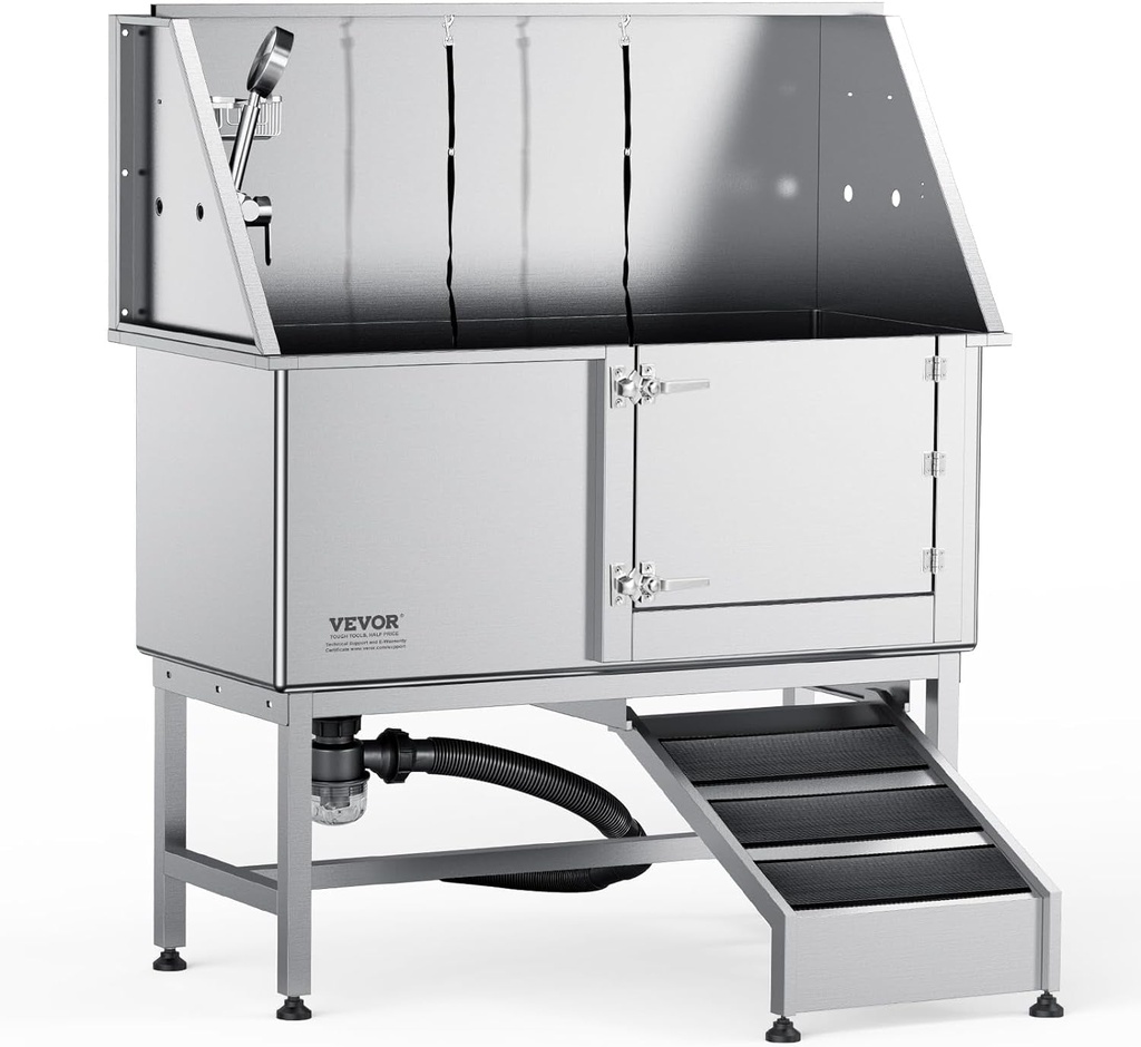 VEVOR 62" Pet Dog Bathing Station W/Ramp, Professional Stainless Steel Dog Grooming Tub W/ Soap Box, Faucet,Rich Accessory,Bathtub for Large,Medium,Small Pet, Washing Sink for Home(Right)